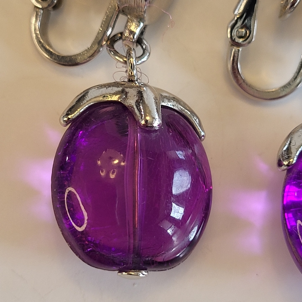 VTG Crown Trifari Silvertone Purple Lucite Dangle Clip On Earrings Waterfall 60s - Picture 3 of 15